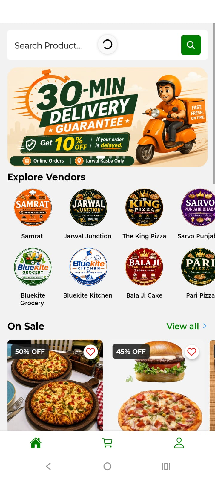 Blue Kite local food ordering home screen